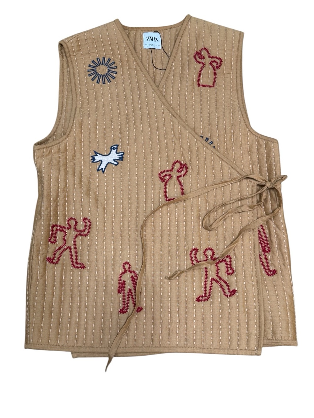 ZARA Quilted Wrap Vest in Tan with Red Embroidery